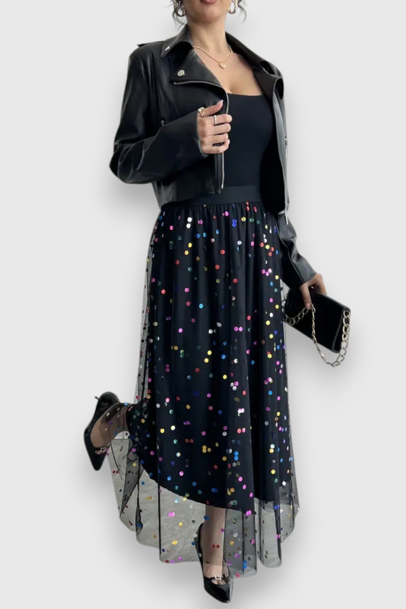 Claire Lang Nederdel Med Mesh Og Polka Dot Eksklusiv