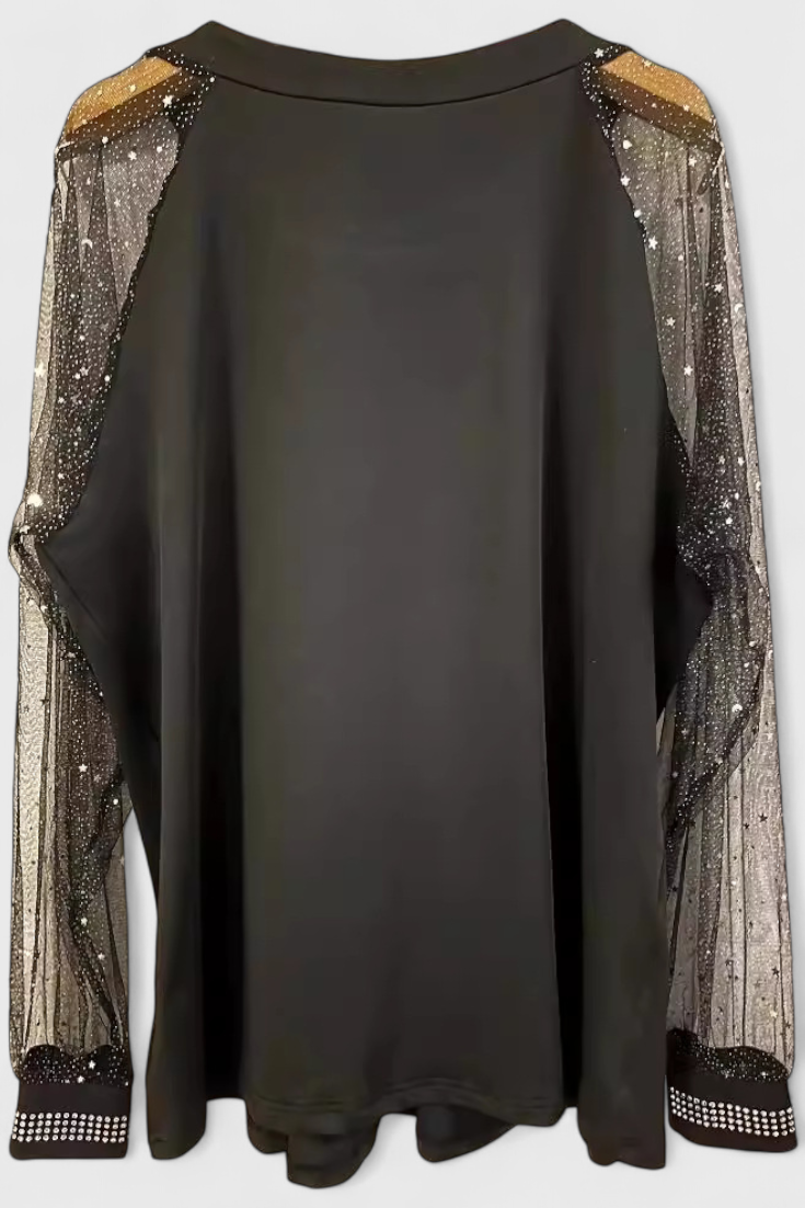 Flor Bluse Med Tyllærmer Og Strass Dekor Eksklusiv Stil