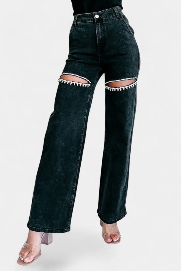 Evian Jeans Revneret Lige Slidte Rhinestones Eksklusiv