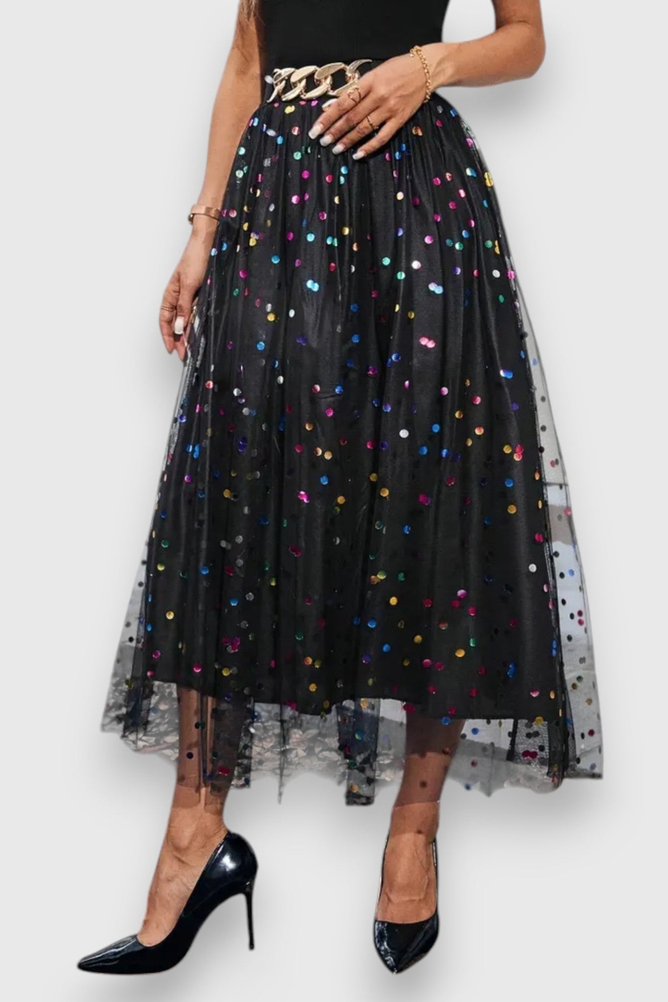 Claire Lang Nederdel Med Mesh Og Polka Dot Eksklusiv