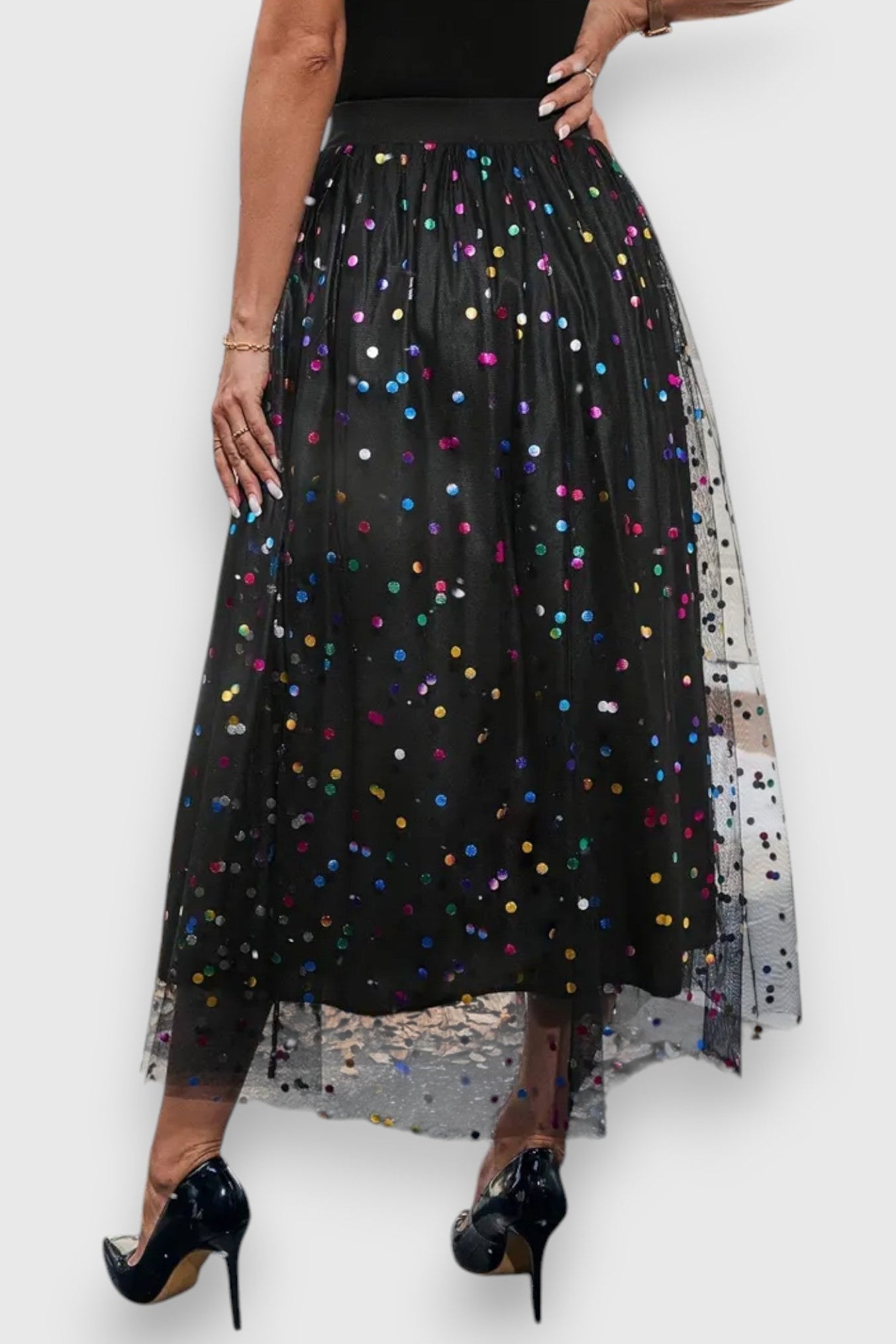 Claire Lang Nederdel Med Mesh Og Polka Dot Eksklusiv