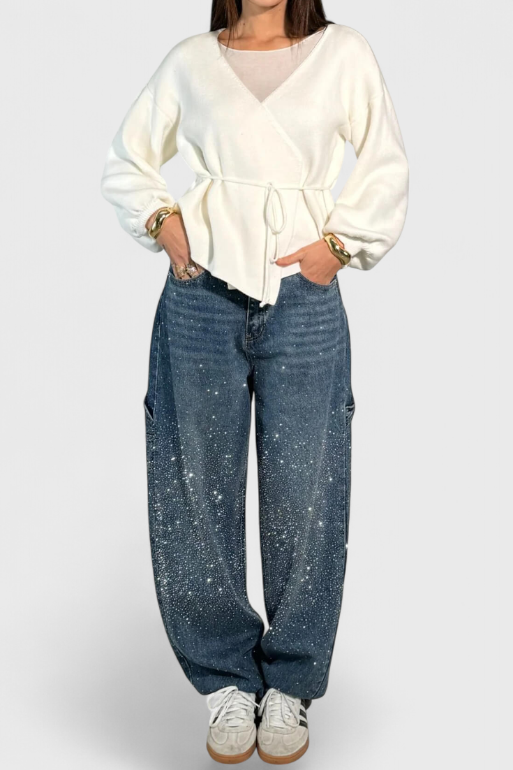 Dariya Jeans Cargo Balloon Glans Med Perler Applikationer