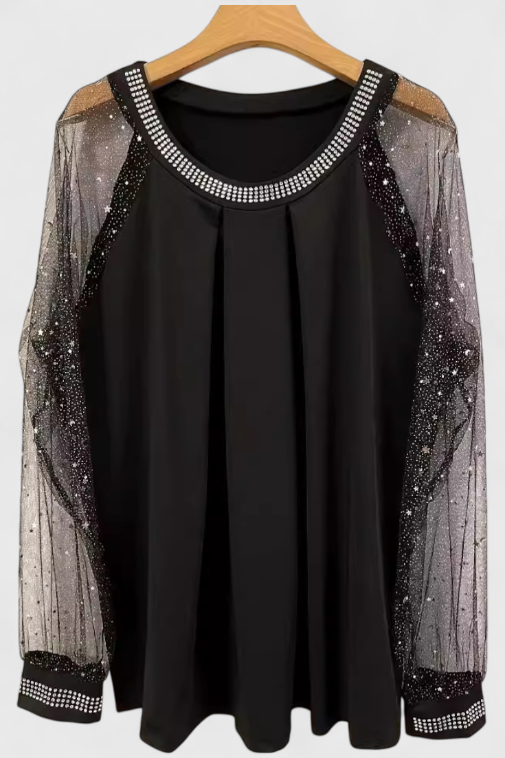 Flor Bluse Med Tyllærmer Og Strass Dekor Eksklusiv Stil