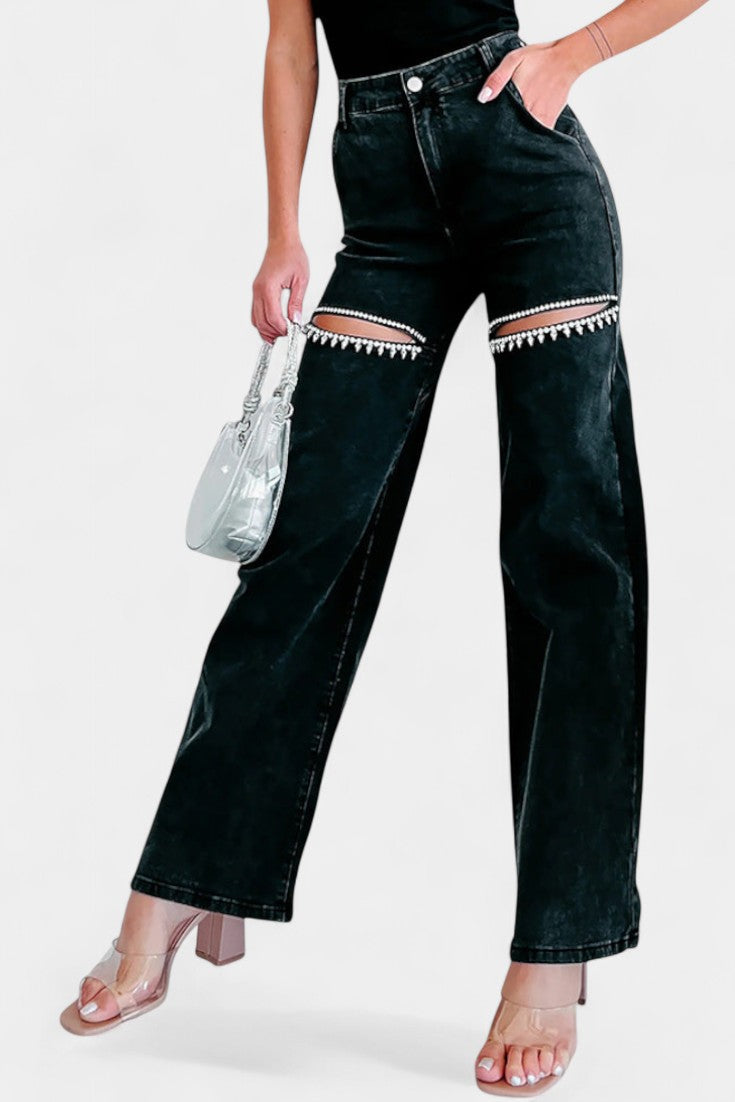 Evian Jeans Revneret Lige Slidte Rhinestones Eksklusiv
