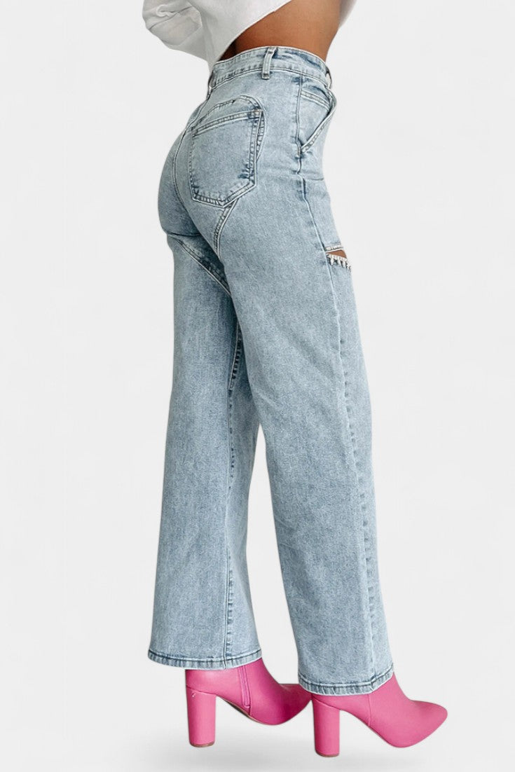 Evian Jeans Revneret Lige Slidte Rhinestones Eksklusiv