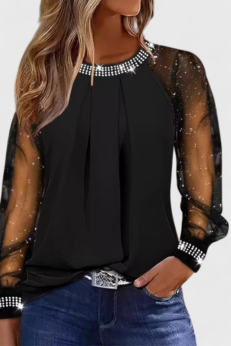 Flor Bluse Med Tyllærmer Og Strass Dekor Eksklusiv Stil