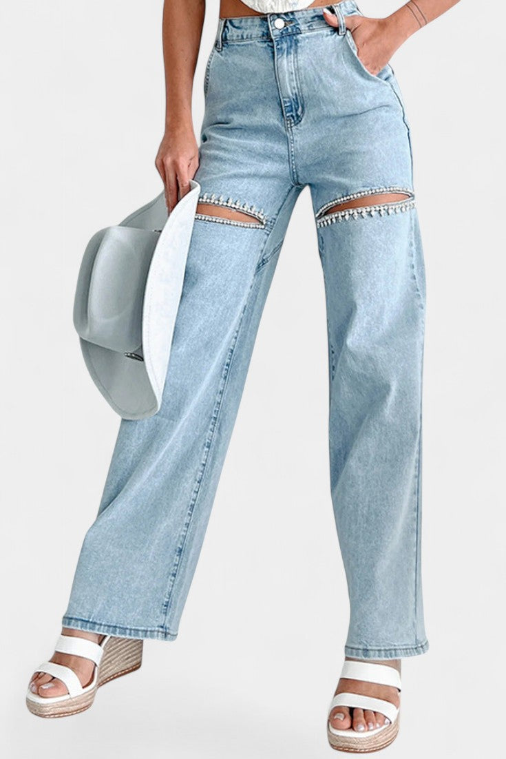 Evian Jeans Revneret Lige Slidte Rhinestones Eksklusiv