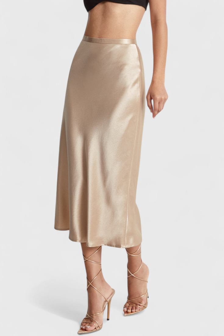 Maxima Glansfuld Satin Midi Nederdel Høj Talje Eksklusiv