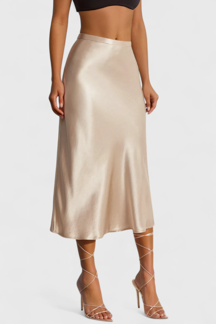 Maxima Glansfuld Satin Midi Nederdel Høj Talje Eksklusiv