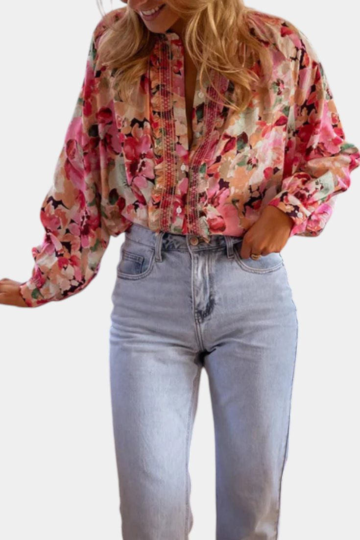 LunaModa Bluse Med Silke Blomsterprint Eksklusiv Kollektion