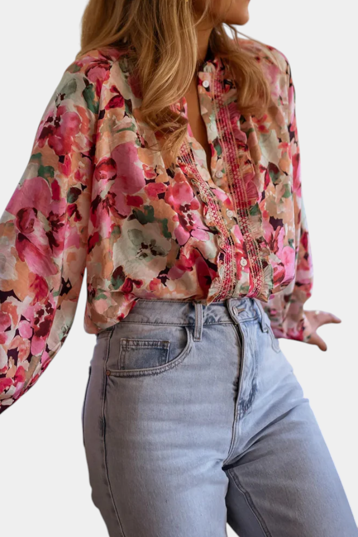 LunaModa Bluse Med Silke Blomsterprint Eksklusiv Kollektion
