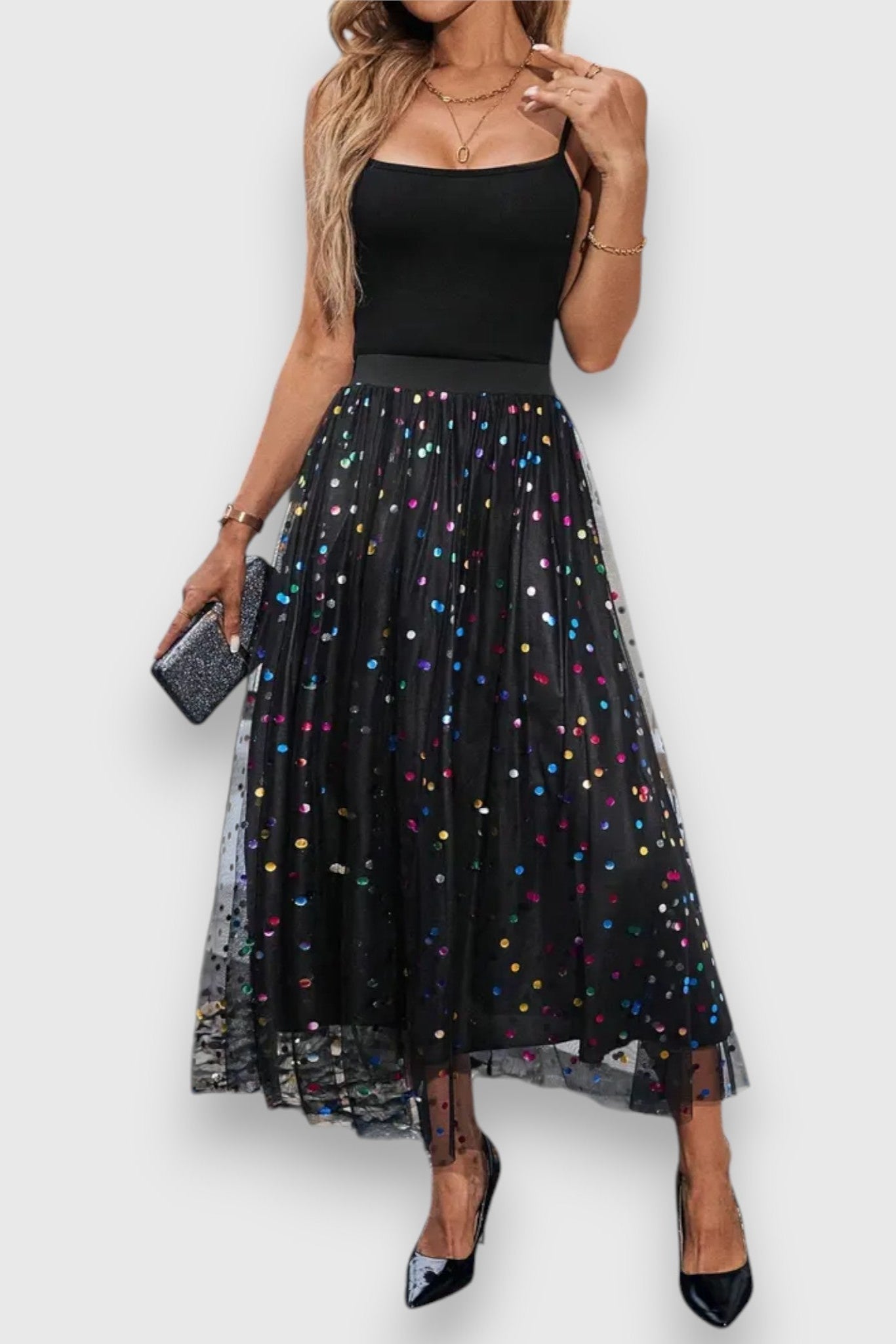 Claire Lang Nederdel Med Mesh Og Polka Dot Eksklusiv