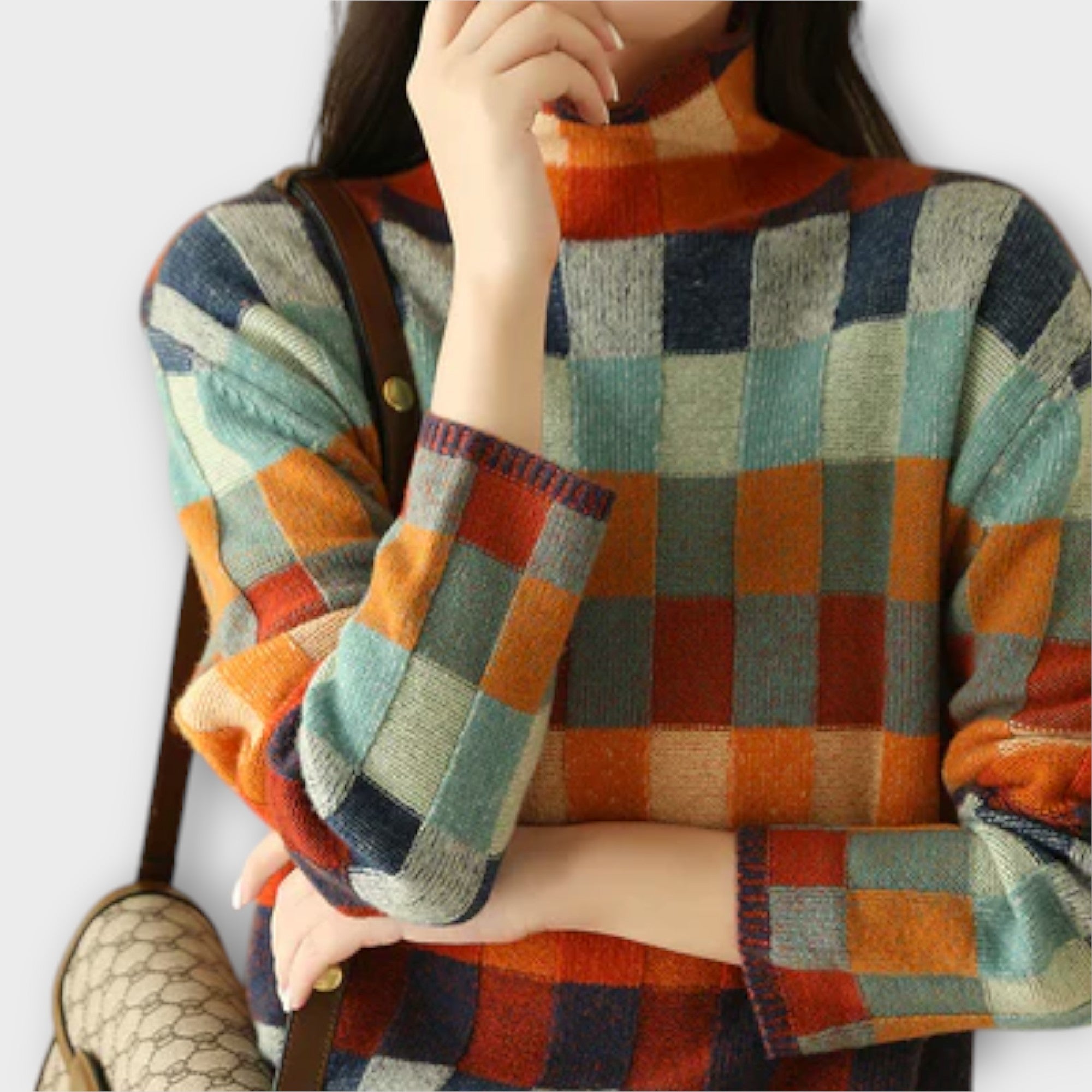Eline Striktrøje Patchwork Med Høj Hals Luxe Kollektion