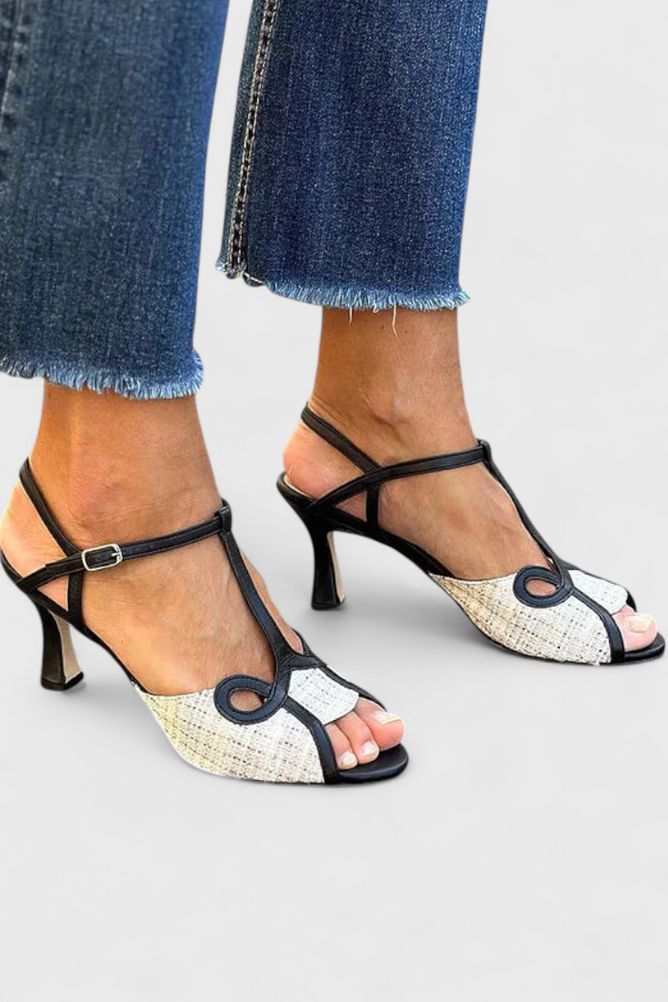 Iraida Sko Peep Toe Læder Bicolor Med T Strop Stiliseret Hæl