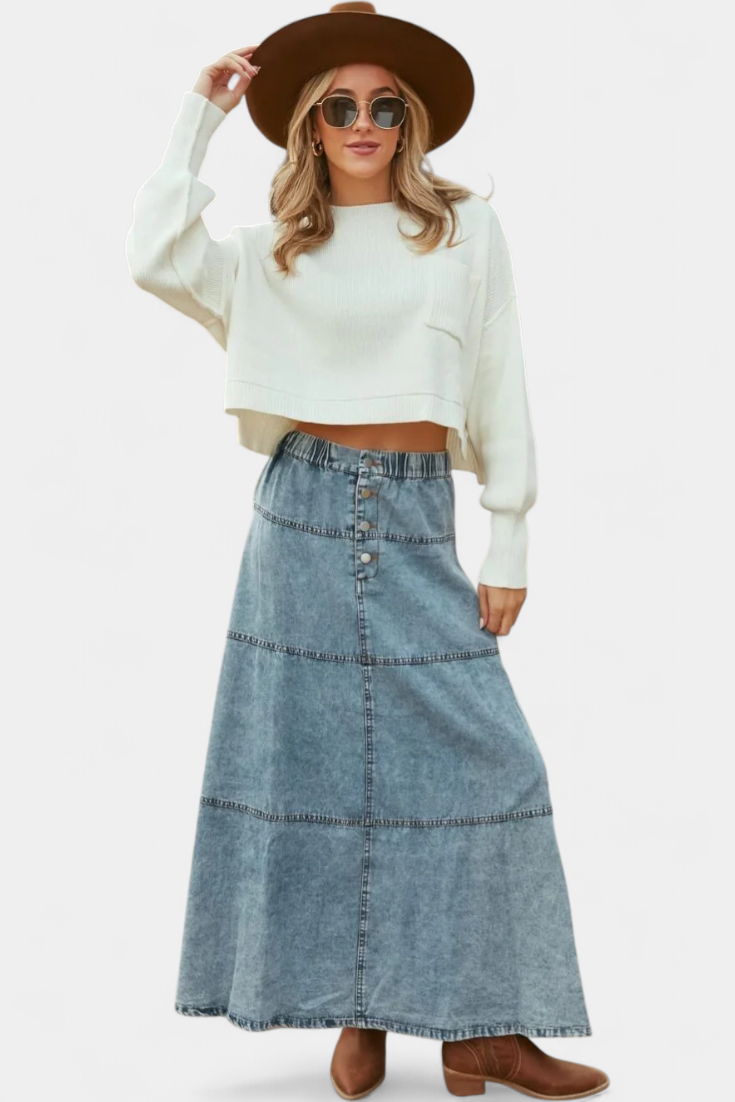 Lorraine Maxi Denim Nederdel Med Fjer Detaljer Eksklusiv