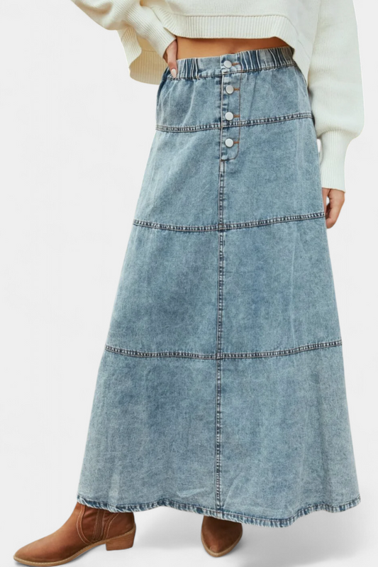 Lorraine Maxi Denim Nederdel Med Fjer Detaljer Eksklusiv