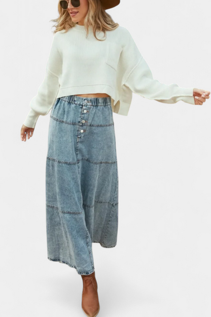 Lorraine Maxi Denim Nederdel Med Fjer Detaljer Eksklusiv